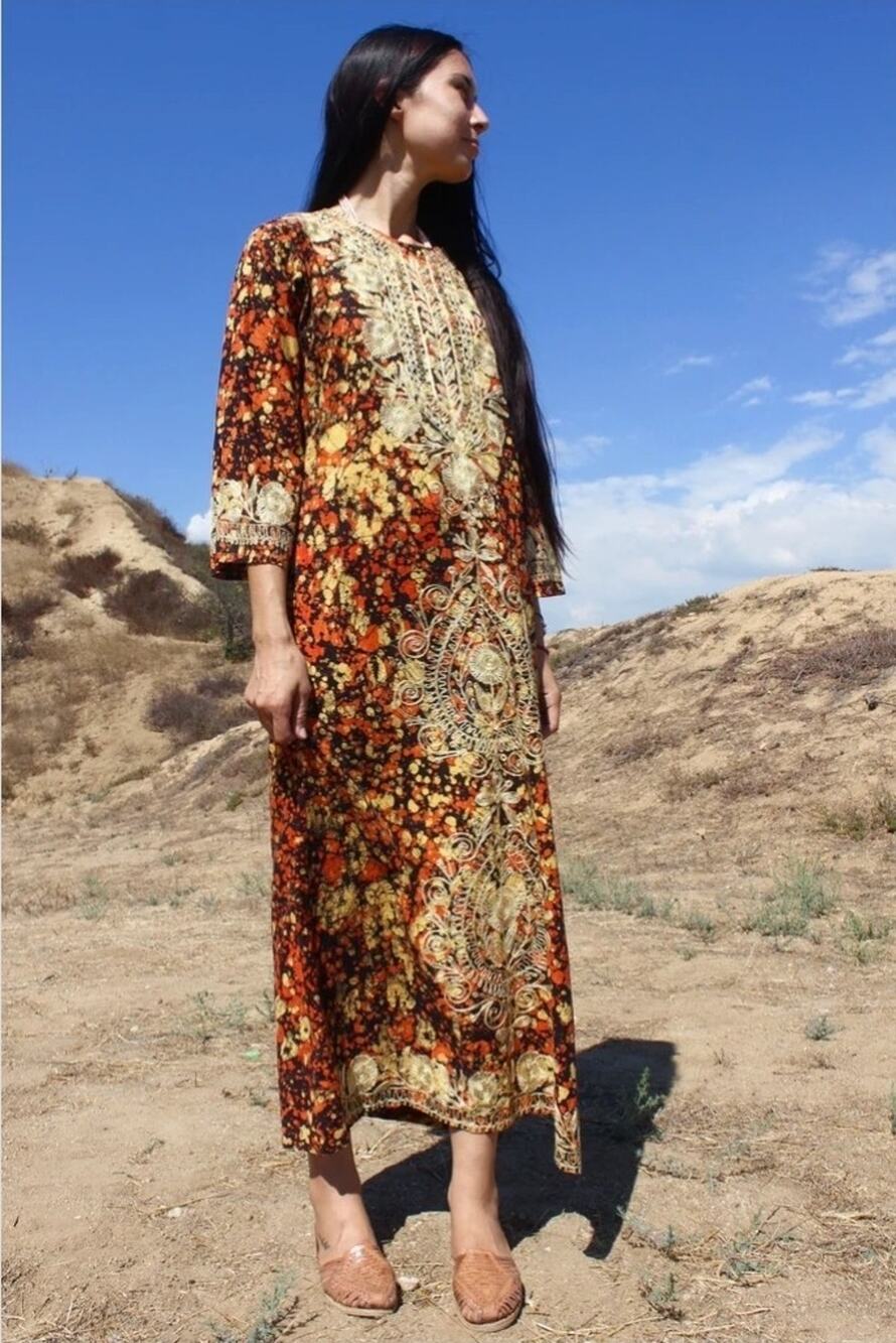 "Golden Hour" Vintage Pakistan Chain Gold Stitched Red Maxi Dress Size M Kurta